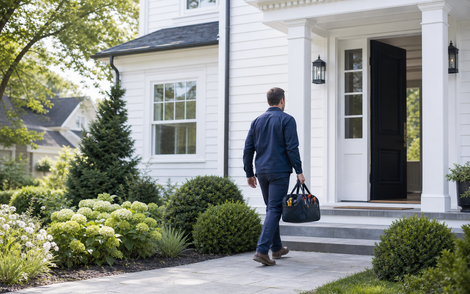 A home-service professional arriving at a bright residential home