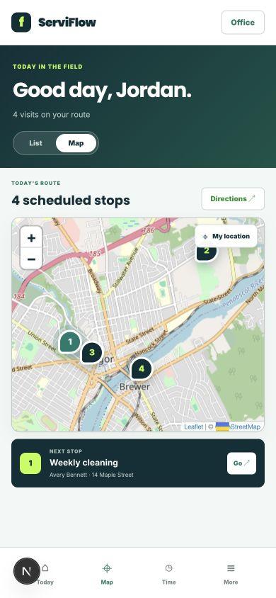 ServiFlow mobile field route with a real map and scheduled stops